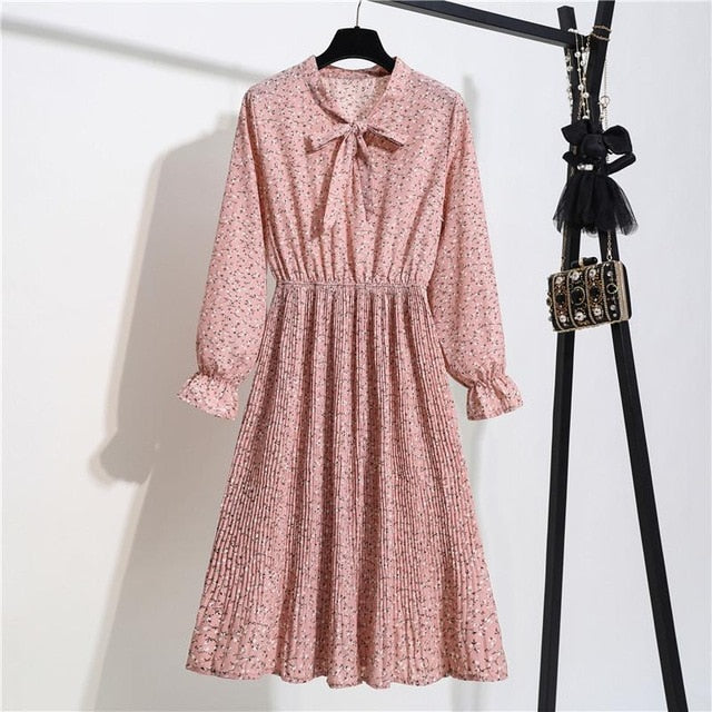 New Chiffon summer Dress Women Bow Spring Small Floral Long Sleeve Polka Elastic Waist Leopard Vintage Pleated Collar Vestidos
