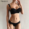 Image of New Fashion Green Brassiere Deep V Push Up Bra Set Thick Cotton A B C Cup Women Bras Lingerie Set Lace Sexy Underwear Black