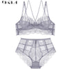 Image of New High Waist Gray Bra Embroidery Lingerie Sets Fashion Brassiere Transparent Black Deep V Lace Underwear Women Bra Set Sexy