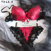 Image of New Red Printing Bra Set Push Up Brassiere Thick Cotton Underwear Set Sexy Bras Women Bow Luxury Embroidery Lace Lingerie Sets