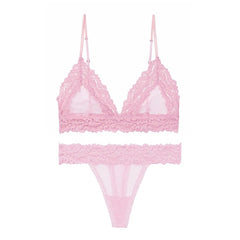 New Sexy Women Lace Mesh Bra Set Push Up Brassiere+T Back Panties Sets Backless V Neck Femme Lingerie Set Transparent Dot Bralet