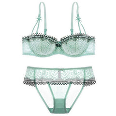 New lace ultra thin padded bra brief sets women push up lingerie embroidery 1/2 cup plunge A B C D 70 75 80 85 dropshipping