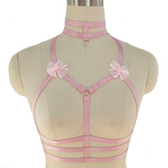 Original Design Pink Collar Bow Harness Bra Kawaii Open Chest Bondage Body Cage Pastel Gothic Body Harness Belt