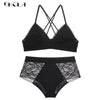 Image of Purple Lace Bras Embroidery Lingerie Set Thin Cotton Brassiere Wire Free Sexy Bra Panties Set High waist Women Underwear Sets