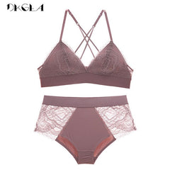Purple Lace Bras Embroidery Lingerie Set Thin Cotton Brassiere Wire Free Sexy Bra Panties Set High waist Women Underwear Sets