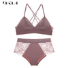 Image of Purple Lace Bras Embroidery Lingerie Set Thin Cotton Brassiere Wire Free Sexy Bra Panties Set High waist Women Underwear Sets