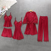 Image of QWEEK Sexy Women Pajamas 5 Pieces Sets Satin Sleepwear Pijama Silk Home Wear Embroidery Sleep Lounge Pyjama with Chest Pads