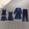 Image of QWEEK Sexy Women Pajamas 5 Pieces Sets Satin Sleepwear Pijama Silk Home Wear Embroidery Sleep Lounge Pyjama with Chest Pads