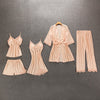 Image of QWEEK Sexy Women Pajamas 5 Pieces Sets Satin Sleepwear Pijama Silk Home Wear Embroidery Sleep Lounge Pyjama with Chest Pads
