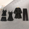 Image of QWEEK Sexy Women Pajamas 5 Pieces Sets Satin Sleepwear Pijama Silk Home Wear Embroidery Sleep Lounge Pyjama with Chest Pads