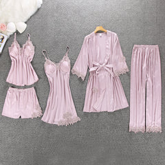 QWEEK Sexy Women Pajamas 5 Pieces Sets Satin Sleepwear Pijama Silk Home Wear Embroidery Sleep Lounge Pyjama with Chest Pads