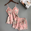 Image of QWEEK Sleep Lounge Pajama Set Sexy Satin Sleepwear Women Summer Pyjama Femme Fashion Flower Pajamas for Women with Chest Pad
