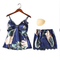 QWEEK Sleep Lounge Pajama Set Sexy Satin Sleepwear Women Summer Pyjama Femme Fashion Flower Pajamas for Women with Chest Pad