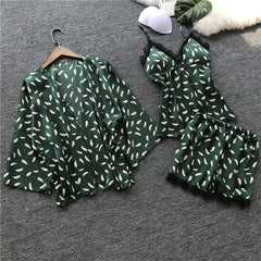 QWEEK Sleep Lounge Women Pajamas Sets with Chest Pad Summer Satin Sleepwear Women Casual Pyjama Femme Indoor Clothing 3 Pieces