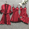 Image of QWEEK Summer 2019 Women Pajama Sets 4 Pcs Sexy Lace Pyjamas Women Satin Silk Sleepwear Elegant Pijama with Chest Pads Homewear