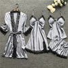 Image of QWEEK Summer 2019 Women Pajama Sets 4 Pcs Sexy Lace Pyjamas Women Satin Silk Sleepwear Elegant Pijama with Chest Pads Homewear