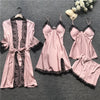 Image of QWEEK Summer 2019 Women Pajama Sets 4 Pcs Sexy Lace Pyjamas Women Satin Silk Sleepwear Elegant Pijama with Chest Pads Homewear