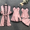Image of QWEEK Summer 2019 Women Pajama Sets 4 Pcs Sexy Lace Pyjamas Women Satin Silk Sleepwear Elegant Pijama with Chest Pads Homewear