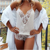 Image of QWEEK Women Sexy V-neck Spaghetti Strap Halter Jumpsuit Nightgown Backless Lace Rompers for Women Lingerie Sleepwear Pijamas