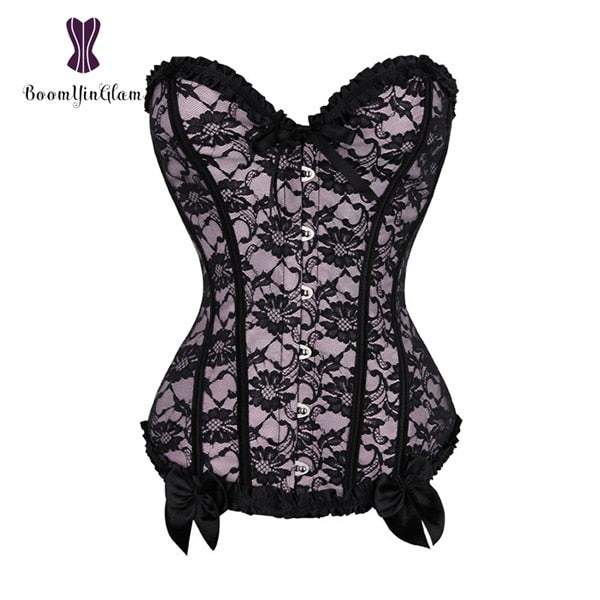 Red Women Mesh Grid Lingerie Basque Corselet Bustier Floral Lace Overlay Corset Overbust Plus Size 805#