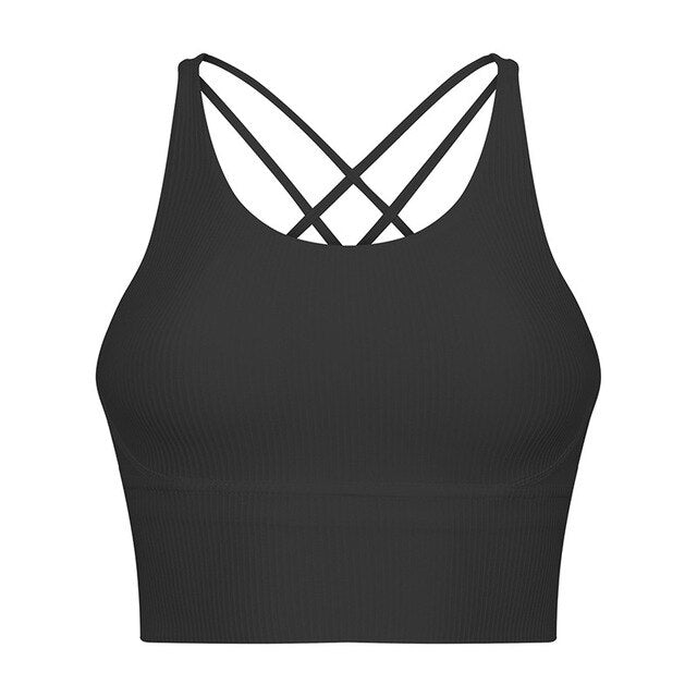 Ribbed Strappy Fitness Sports Bras for Women Running Sport Longline Wirefree Padded Medium Support Yoga Bra Top