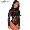 Image of SEBOWEL Black Sheer Mesh Print Long Sleeve Bodysuits Woman New Spring Sexy Style Transparent Female Turtleneck Body Clothes Top
