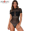 Image of SEBOWEL Summer Black Short Sleeve Lace Bodysuits Woman Turtleneck Patchwork Hollow Out Female Lady White Sheer Body Top Clothes