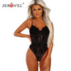 Image of SEBOWEL Woman Black/Red Sheer Floral Lace Bodysuit with Cups Sexy Female Sleeveless Hollow Out Body Top Clothes for Party Night