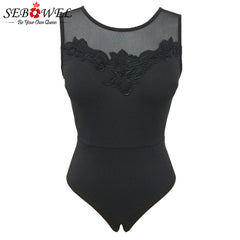 SEBOWEL Woman Solid Black Sleeveless Bodysuits Summer Female Sheer Lace Backless Body Top Clothes Lady Hollow Out Bodysuit S-XL