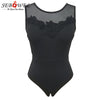 Image of SEBOWEL Woman Solid Black Sleeveless Bodysuits Summer Female Sheer Lace Backless Body Top Clothes Lady Hollow Out Bodysuit S-XL
