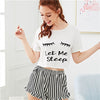 Image of SHEIN Black Graphic Tee Frilled Striped Shorts PJ Round Neck Short Sleeve Set 2019 Summer Women Patchwork Sleepwear