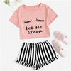 Image of SHEIN Black Graphic Tee Frilled Striped Shorts PJ Round Neck Short Sleeve Set 2019 Summer Women Patchwork Sleepwear