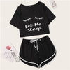 Image of SHEIN Black Graphic Tee Frilled Striped Shorts PJ Round Neck Short Sleeve Set 2019 Summer Women Patchwork Sleepwear