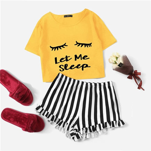 SHEIN Black Graphic Tee Frilled Striped Shorts PJ Round Neck Short Sleeve Set 2019 Summer Women Patchwork Sleepwear