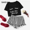 Image of SHEIN Black Graphic Tee Frilled Striped Shorts PJ Round Neck Short Sleeve Set 2019 Summer Women Patchwork Sleepwear