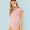 Image of SHEIN Layered Ruffle Detail Textured Bodysuit 2018 Summer Round Neck Ruffle Bodysuit Clothing Women Pink Solid Casual Bodysuit
