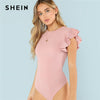 Image of SHEIN Layered Ruffle Detail Textured Bodysuit 2018 Summer Round Neck Ruffle Bodysuit Clothing Women Pink Solid Casual Bodysuit