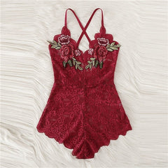 SHEIN Sexy Cross Appliques Lace Teddy Romper Hot Women V Neck Sleeveless Embroidery Intimate Appliques Lingerie Rompers Onesies