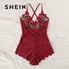 Image of SHEIN Sexy Cross Appliques Lace Teddy Romper Hot Women V Neck Sleeveless Embroidery Intimate Appliques Lingerie Rompers Onesies