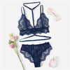 Image of SHEIN Sexy Navy Trim Lace Unlined lingerie Set Hot Women V Neck Sleeveless Wireless Bralettes and Briefs Intimate Lingerie Sets