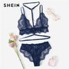 Image of SHEIN Sexy Navy Trim Lace Unlined lingerie Set Hot Women V Neck Sleeveless Wireless Bralettes and Briefs Intimate Lingerie Sets