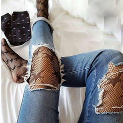 SP&CITY  Fashion Cool Star Printed Fishnet Tights Hollow Out Sexy Mesh Pantyhose Punk Pattern Pantyhose Black Women Tights