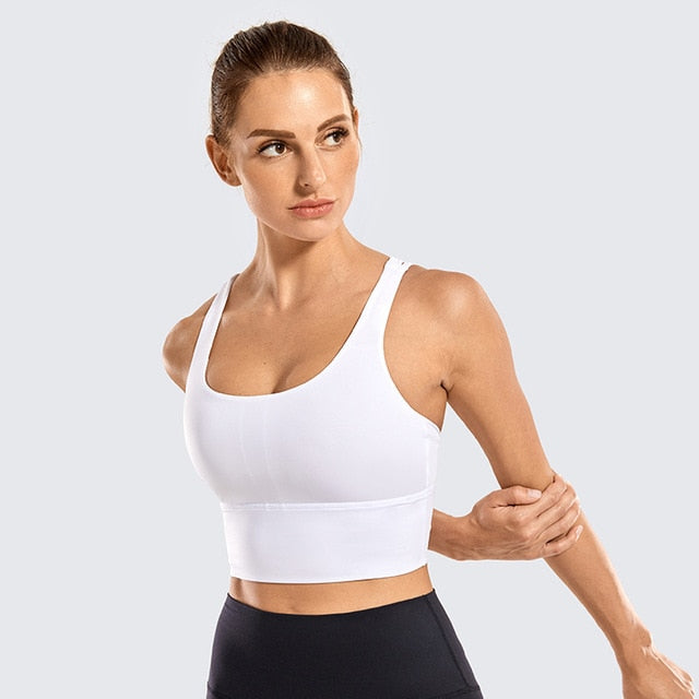 SYROKAN Women's Medium Support Strappy Back Wirefree Removable Cups Longline Yoga Sports Bra