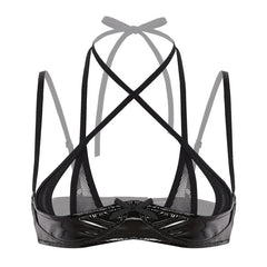 Sexy Lingerie Women Hot Porno Bandage Bra Wetlook Leather Push Up Bustier Erotic Open Cup Mini Bra Top Adjustable Shelf Bralette