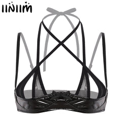 Sexy Lingerie Women Hot Porno Bandage Bra Wetlook Leather Push Up Bustier Erotic Open Cup Mini Bra Top Adjustable Shelf Bralette