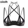 Image of Sexy Lingerie Women Hot Porno Bandage Bra Wetlook Leather Push Up Bustier Erotic Open Cup Mini Bra Top Adjustable Shelf Bralette