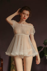 Sexy Net Lingeries Christmas Lenceria Babydoll Bridal Lingerie See Through Sissy Exotic Mini Night Dress Sleep Set with G String