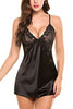 Image of Sexy Nightgown Lingerie Fashion Patchwork Nightdress Women Sheer Scalloped Satin Nightwear Silk Slip Sleepwear Chemises