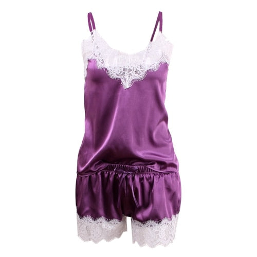 Sexy Summer Lace Pajamas Sleepwear for Women Sleeveless Spaghetti Strap Pyjamas Satin Cami Top + Shorts Pajamas Sets Nightwear