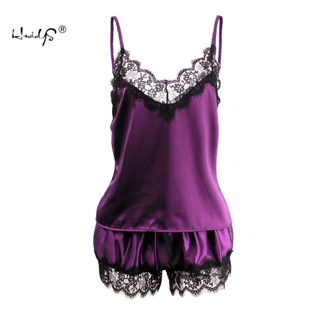 Sexy Summer Lace Pajamas Sleepwear for Women Sleeveless Spaghetti Strap Pyjamas Satin Cami Top + Shorts Pajamas Sets Nightwear